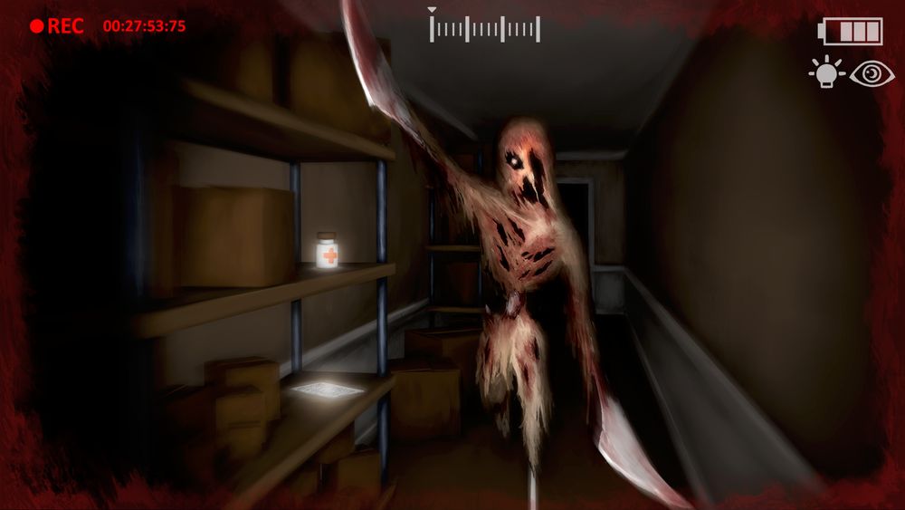 A digital drawing of a snapshot from a made up horror game. There is a monster with blade arms in the center and a glowing healing item on the shelf to the left and a glowing page underneath it. There is red text in the top left corner that states "REC 00:27:53:75", there's also a zoom bar at the middle top and to the top right there's a battery, light and night vision icons. The whole artwork has a border of blood indicating that the player is hurt.