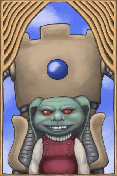 Smiling goblin standing in front of a tan construct with a blue gem in its torso.