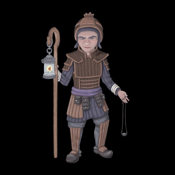 Gnome druid wearing wooden armor, carrying a sling and a staff with attached lantern.