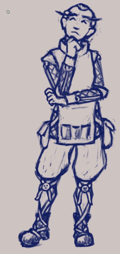 Rough sketch of a gnome inventor with armor that resembles a leather apron with pockets, worn over a gambeson with jack chains. Her boots are wrapped with ribbons, tied just below the knee and finished with coins. Hair is tied back, with a widow's peak, as umbral gnomes are often depicted with particularly thin white or gray hair.