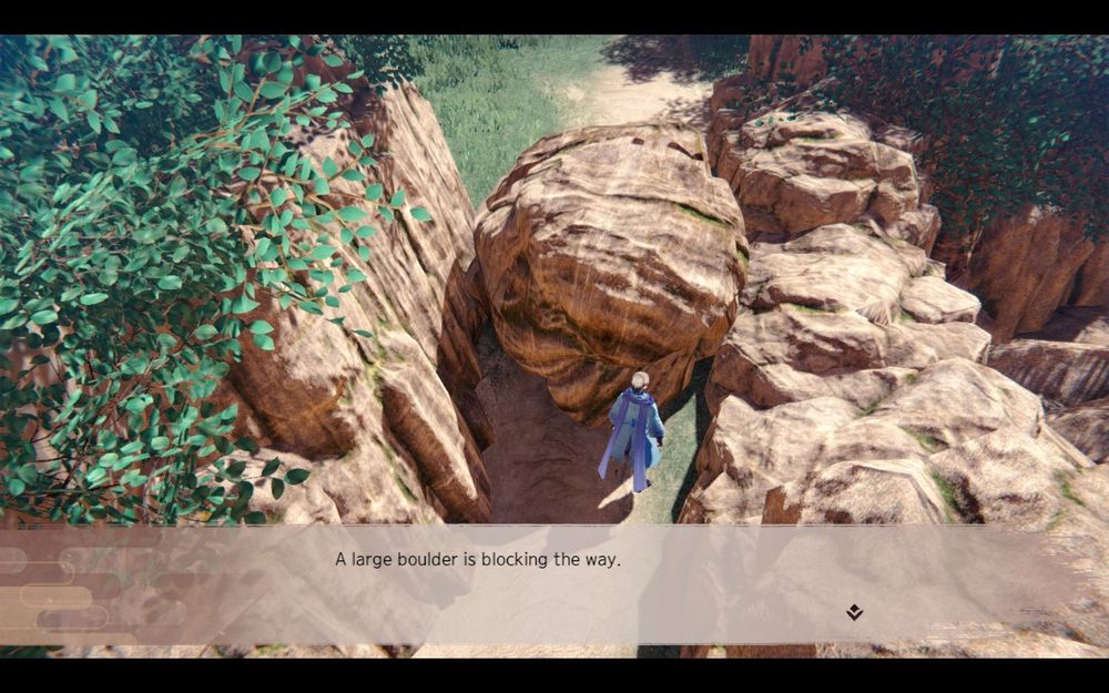 A large boulder is blocking a narrow path with. Very large and wide rocky area next to it. Text reads, “A large boulder is blocking the way.”