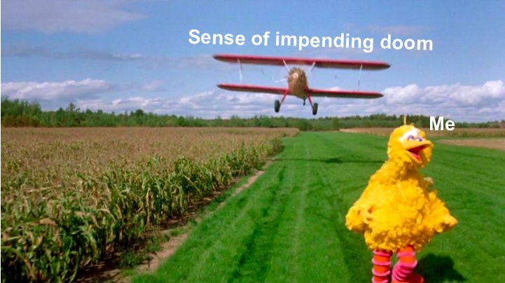Big Bird in a field running away from a plane with the plane labeled “Sense of impending doom” and Big Bird labeled “Me”