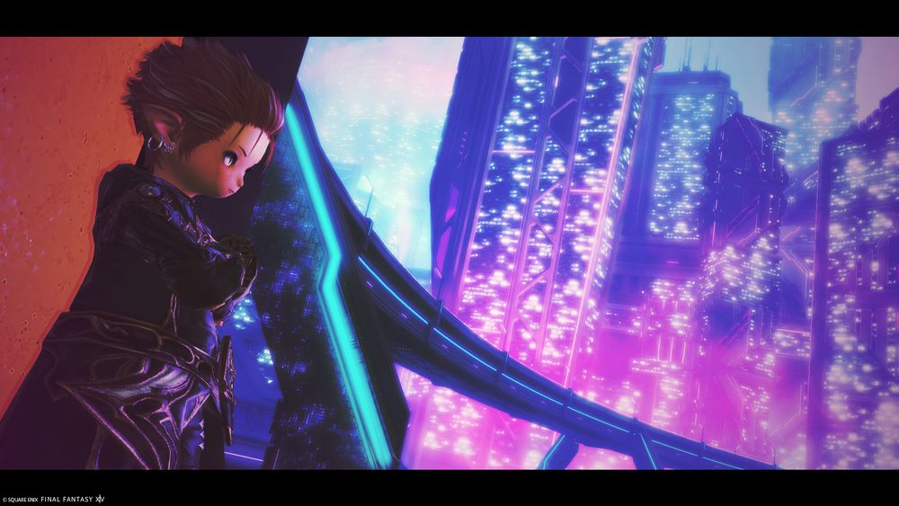A red-haired lalafell looking out at a very high-tech skyline.