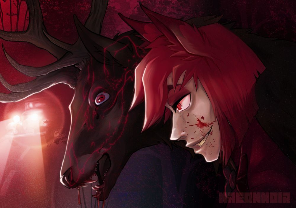 Alastor and a cursed deer are waiting to cross the street, but about to be run over by a car. Dramatic lighting. I swear I know how to do alt text for art. 