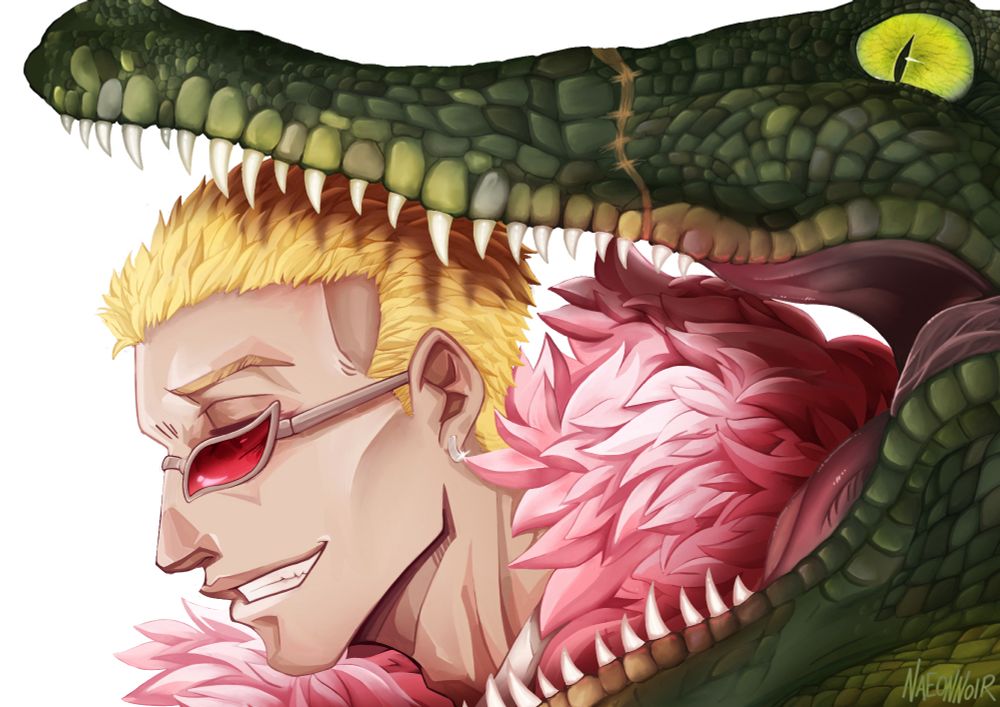 Doflamingo in the Maw of a suspiciously Sir-Crocodile-coded Crocodile.