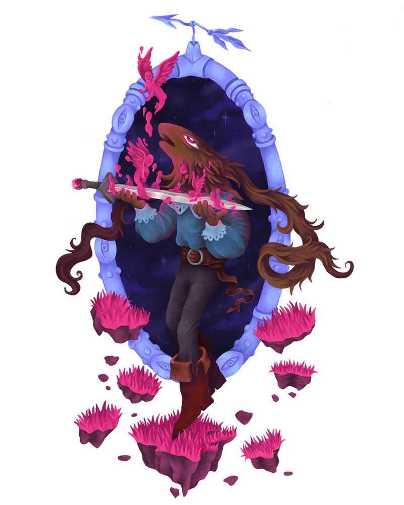 Digital artwork of a rabbit like character standing in front of a magical portal. They are holding an enchanted sword off of which pink angels float.