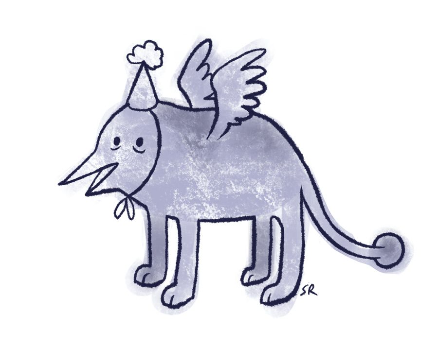 digital drawing of a funny little man with four legs wings and a party hat