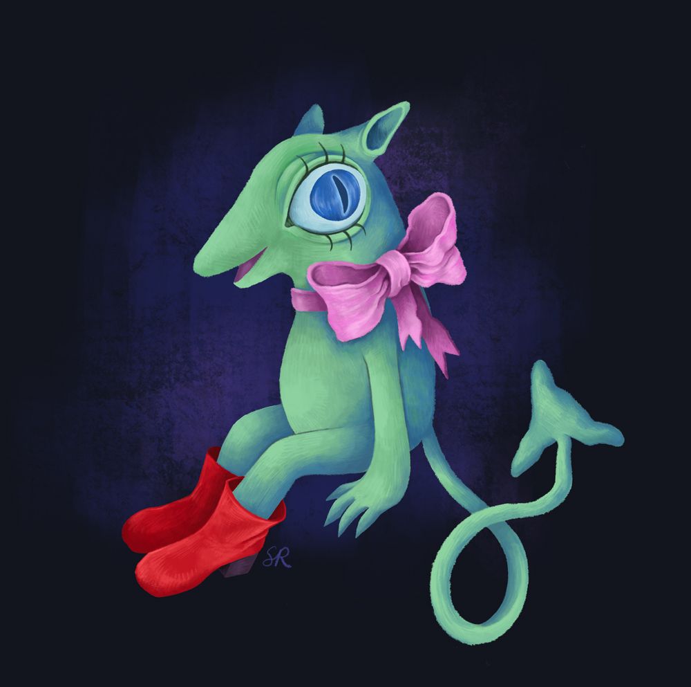 A digital drawing of a happy little mint colored imp with a pointed tail. He is wearing red boots and has a big pink bow around his neck. His eyes are big and blue and he has beautiful eye lashes.