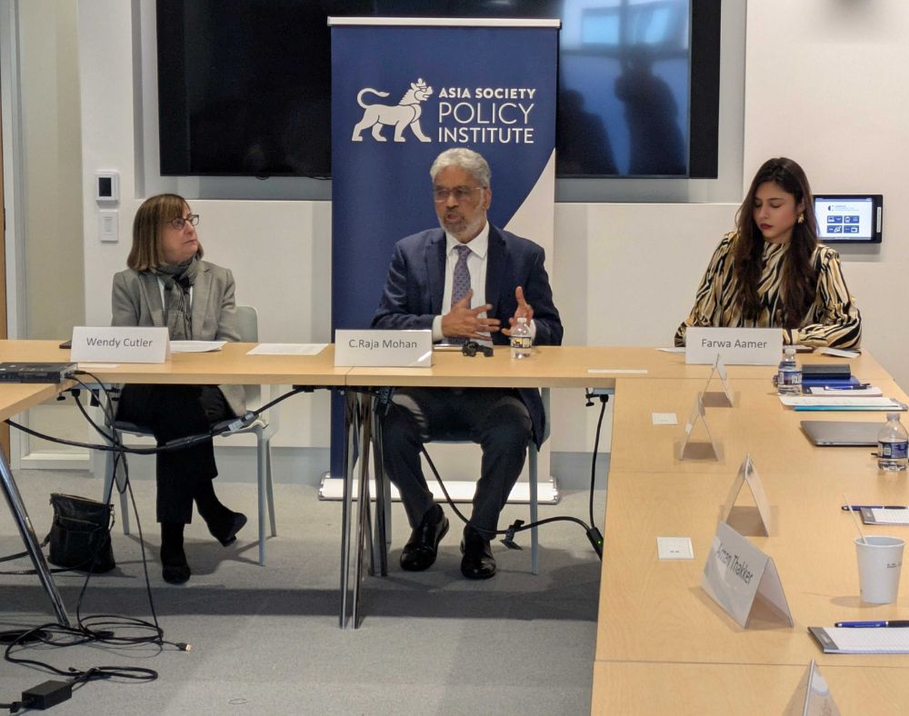 (Left to right) ASPI VP Wendy Cutler, Professor Raja C. Mohan, and Director of South Asia Initiatives Farwa Aamer. Professor Mohan gestures while speaking during the roundtable discussion. 