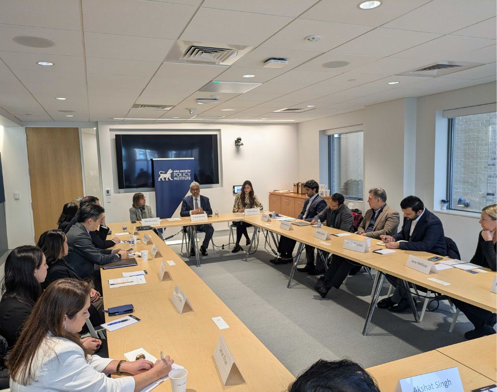 Policy experts including Professor Raja C. Mohan, ASPI VP Wendy Cutler, and Director of South Asia Initiatives Farwa Aamer at a private roundtable discussion on US-India ties in Washington, D.C.  