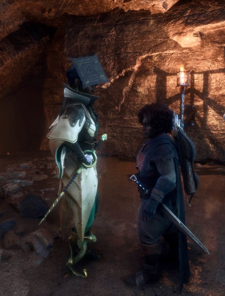 Neve Gallus, a human woman in white robes and a snake-shaped prosthetic leg, stands on the left. Rook, a short dwarf in shabby clothes and wearing a bow on her back, stands on the right. She stands at chest level to Neve and is looking… well right at her chest there’s no hiding that 