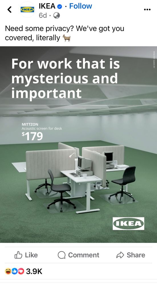 IKEA ad based on Severance TV series with four IKEA desks and chairs in a green carpeted office, arranged identically to the set of the show