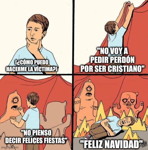 Meme en el que un chico monta un escenario con monstruos y fuego de cartón, que él mismo ha construido y pintado. Al final se le ve tirado en el suelo fingiendo que tiene miedo de esos monstruos y ese fuego.