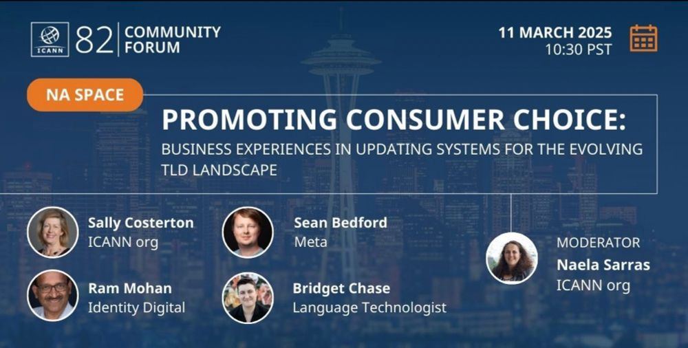 Graphic promotional advertisement for panel presentation: “Promoting Consumer Choice: Business Experiences in Updating Systems for the Evolving TLD Landscape”.