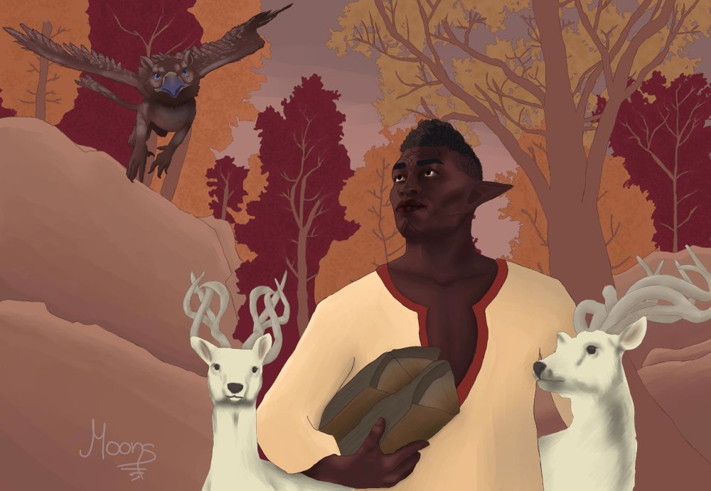 Davrin carries wood and looks up at Assan who flies in the sky. Two Hallas are at his side. A sketch of a forest is in the background.