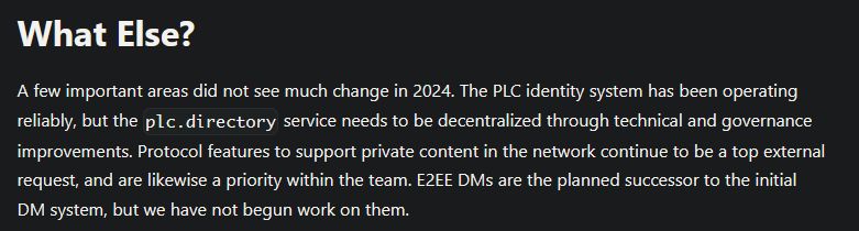 Screenshot of the 2025 discussion of the 2024 roadmap, stating that work on E2E encryption has not yet begun.