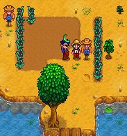 Screenshot of Stardew Valley with two players, two scarecrows, and a bean.