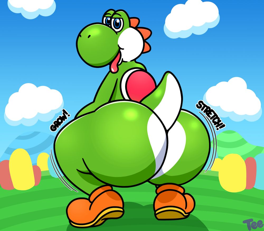 A giant yoshi growing across the landscape.