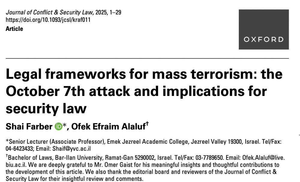 Legal frameworks for mass terrorism: the October 7th attack and implications for security law
Shai Farber, Ofek Efraim Alaluft
Journal of Conflict and Security Law, 2025
