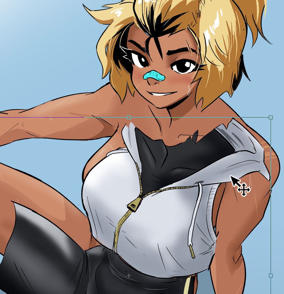 An image of Beck sitting and looking at the viewer. The Photoshop/CSP Move Tool is being used to offset their clothing layer just enough to reveal that their naked body is fully illustrated underneath. 

This is intended to invite the viewer to speculate as to the presence of a Fully Nude Variant which may or may not definitely exist on Patreon Dot Com where you can support the artist and receive a variety of exclusive smutty images and comics in exchange for money that the artist can use to purchase food and shelter.