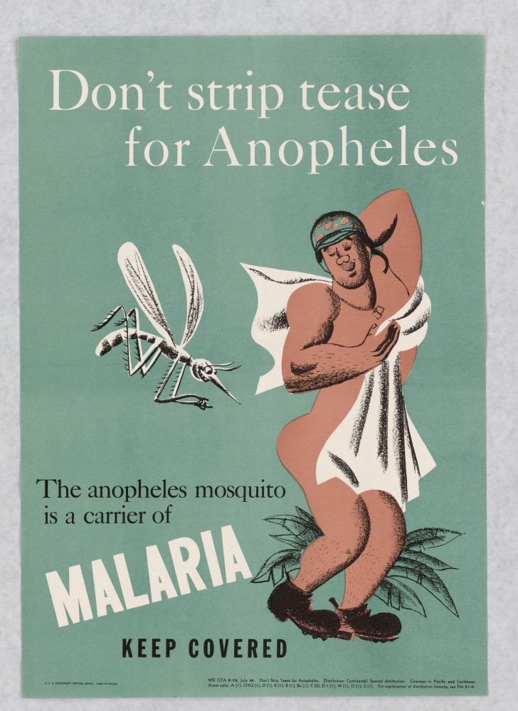 WWII-era military propaganda poster - a hunky beefcake of a soldier is nude save for his helmet, dogtags, and combat boots. a towel barely covers his modesty. he coquettishly poses as a mosquito as long as his arm dives toward his rounded and sashaying derriere. the text reads: "Don't strip tease for Anopheles. The anopheles mosquito is a carrier of MALARIA. Keep Covered."