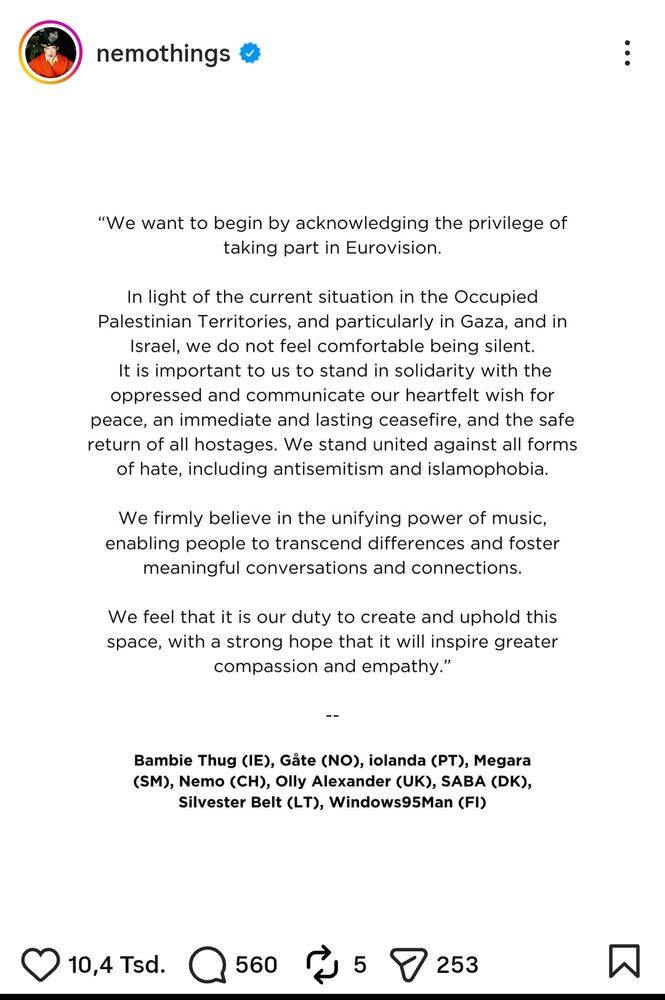 Posting von Nemo auf Instagram. Bei dem Solidarität mit den Menschen die unter der Situation in Gaza leiden bekundet wird.