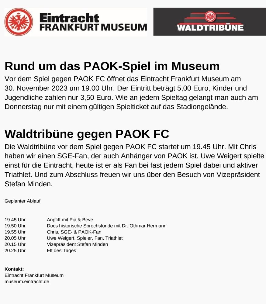 Waldtribünenprogramm Eintracht Frankfurt gegen Paok