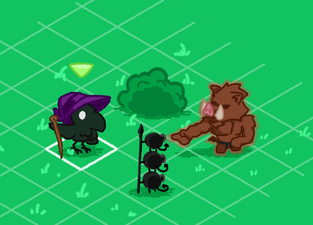 Illustration digitale représentant un jeu vidéo au tour par tour fictif. On y vois un corbeau mage et un sanglier berzerker faisant face à 3 petites créatures les unes sur les autres. L'action prend place sur un plateau à cellules isométrique.
