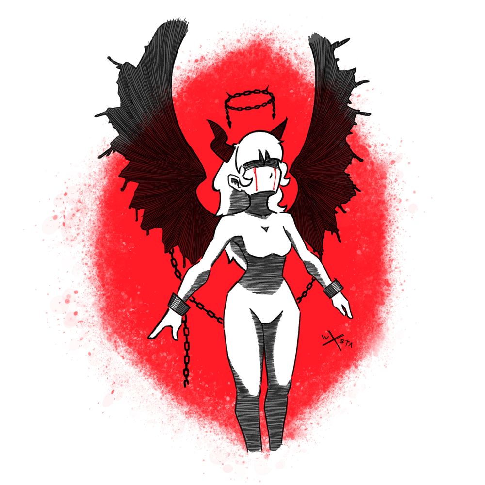Illustration digitale représentant une femme démon avec de grandes ailes d'ange noires. Elle a une auréole de chaines flottant au dessus de sa tête et des chaines aux poignets.
