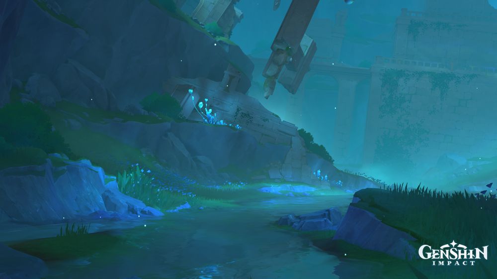 A foggy, natural landscape with some dilapidated stone ruins. A few pieces float in the sky. A reflective river runs from the foreground to a large waterfall behind the ruins in the background.