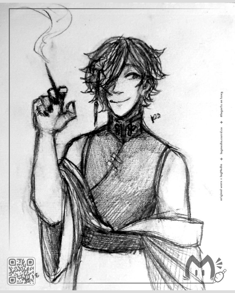 OC Ginkgo, drawn with pencil. He holds a smoking incense stick in one hand like a cigarette, looking off to the side with a smile. He wears a haphazard kimono and a tasseled ginkgo hairpin in his hair.