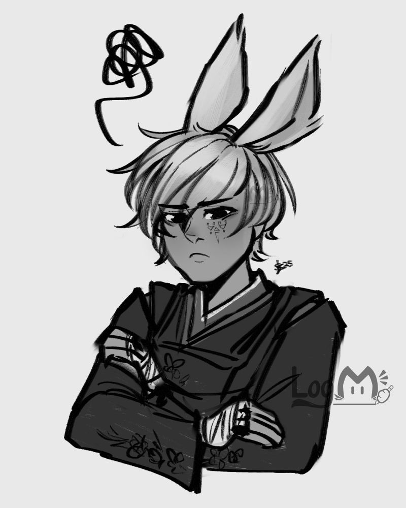 FFXIV Viera OC Navarre, crossing his arms in a pout with his ears folded back.