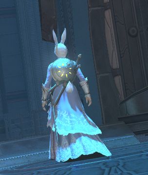 FFXIV Viera OC Navarre in a long blue wedding dress with a lacy hem and a bladed lantern shield on his back, walking into an area in the Praetorium