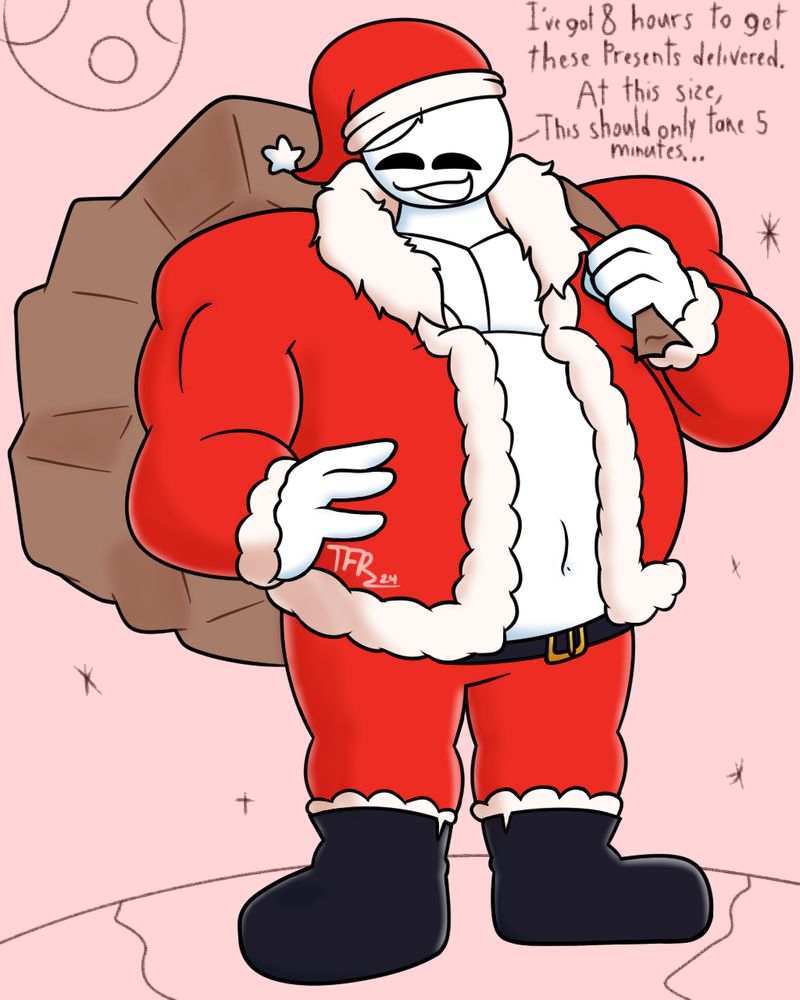 A humongous and buff humanoid that's dressed as Santa Claus standing on a portion of Earth while holding a bag full of presents.

Saint:
"I've got 8 hours to get these presents delivered. At this size, this should only take 5 minutes..."