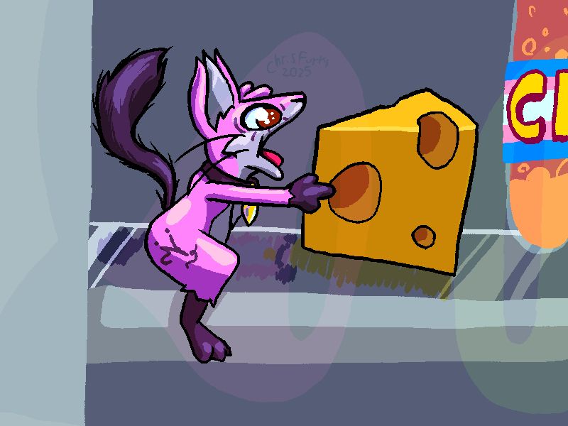 Vivie inside of Blip's fridge, getting ready to take a big bite of cheese. There is also a soda to the right with a trans flag label.