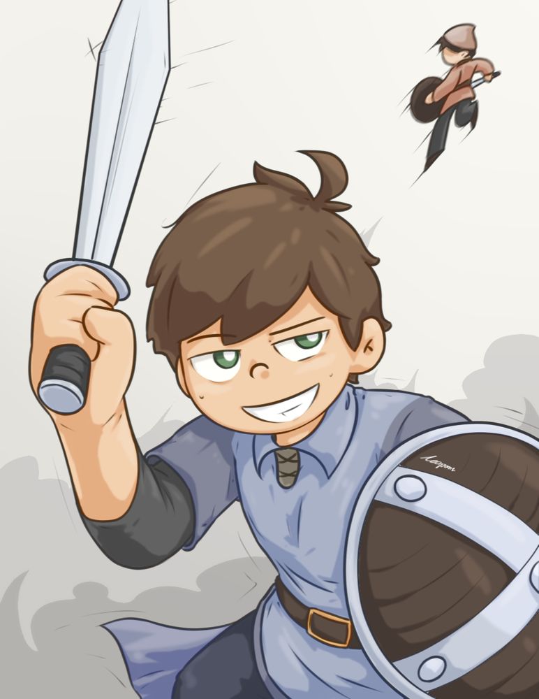 Competition of Zach and a small mate by using 'same' sword and shield fit in their sizes.