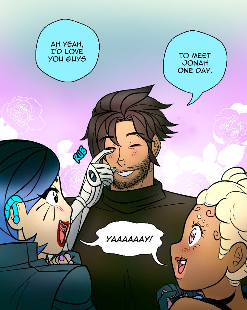 Kari (middle trans guy in black) says he'd love his buds Maya (left trans girl with blue hair) + Kiho (right cyborg girl) to meet his son Jonah one day. They are behind a pink flowery backdrop that reflects their emotions.
