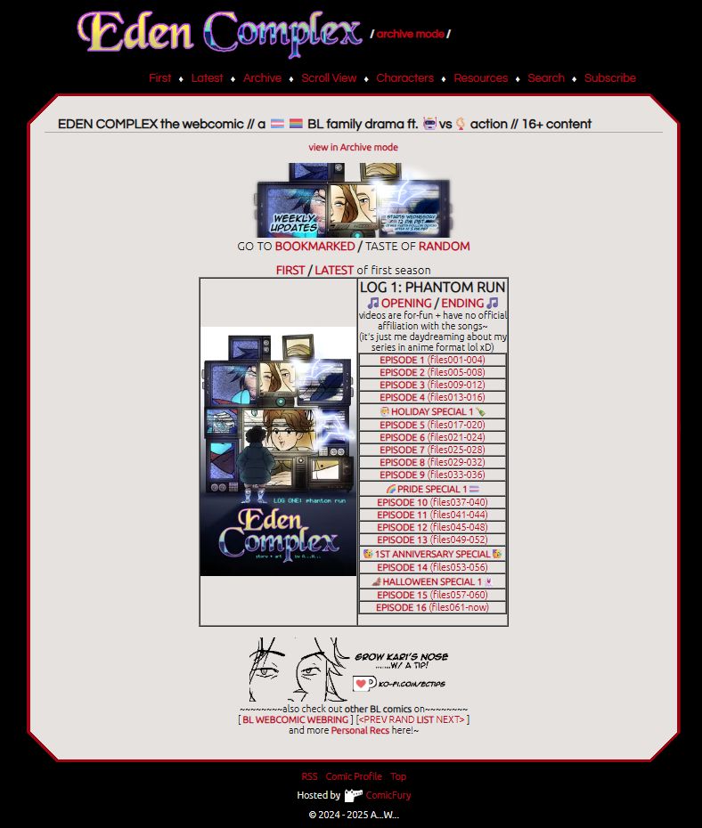 new homepage for Eden Complex's ComicFury 😌