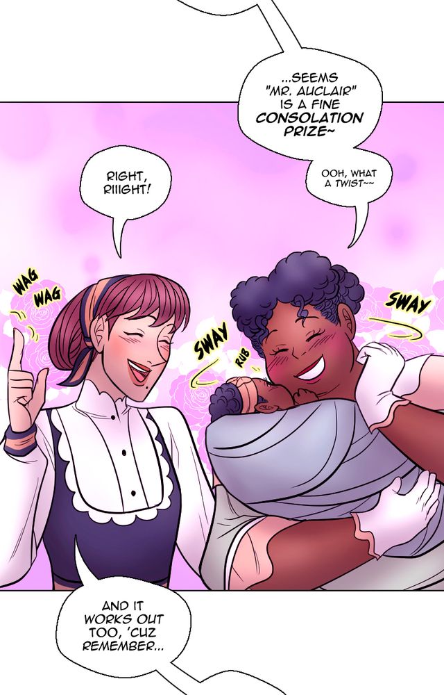 Dee (right lady w/ hair puffs, w/ her bby girl Bina hugging her face~) coos over the idea of Marc calling himself "Mr. Auclair" as a "find consolation prize~", implying that he took Kari's name when they got married bc he couldn't beat her. Lee (left lady w/ bandana tie thing) wags her finger in agreement (+ brings the convo to a different topic...)....