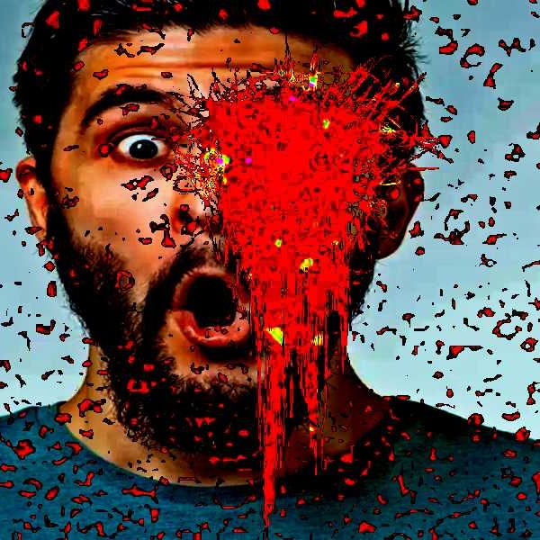 person with gore spilling out of left eyeball