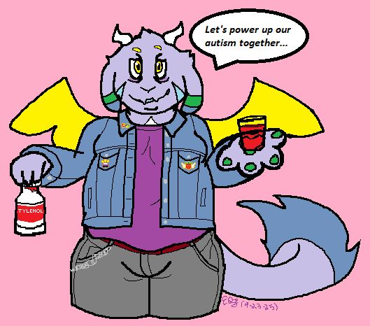 A digital illustration of a purple and blue mammalian dragon furry person on a pink background. She holds a bottle of children's Tylenol in one hand and a shotglass of Tylenol. She says "Let's power up our autism together..." She has a rainbow infinity sign autism symbol, nonbinary pawpad, and flying strawberry enamel pins on her jean jacket.