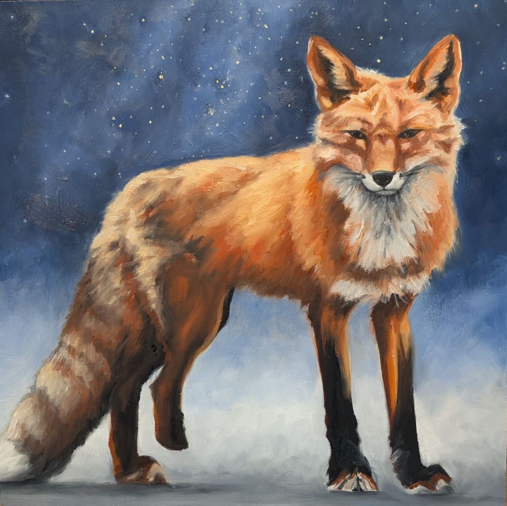 An oil painting on canvas of a red fox missing one paw with the night sky in the background painted by Karine M. Swenson. 