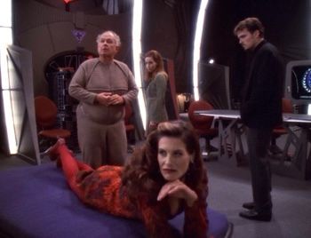 Four genetically enhanced patients, Jack, Lauren, Patrick and Sarina, are in a community room on Deep Space Nine. In spite of their considerable gifts, each patient suffers from some abnormality caused by a defect in their genes, which has prevented them from living a normal life in Federation society.