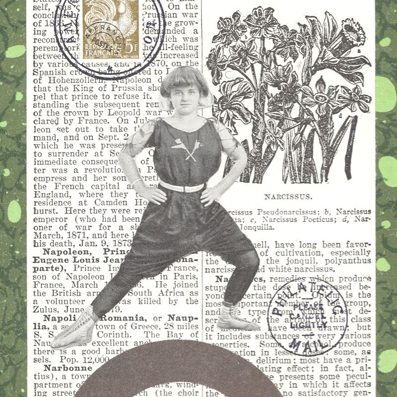 A collage featuring an antique image of a woman exercising, on a vintage dictionary page featuring a picture of the narcissus flower.