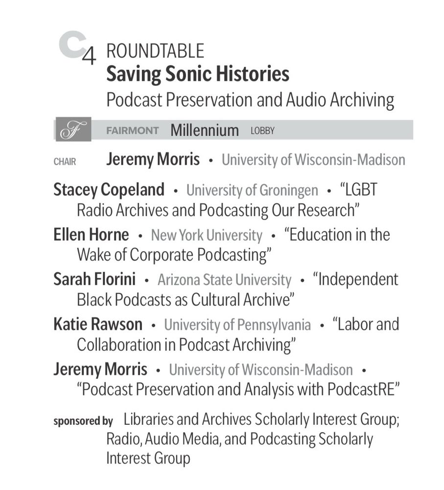 Roundtable on saving sonic histories in The Fairmont Millennium room at 2:15 today.