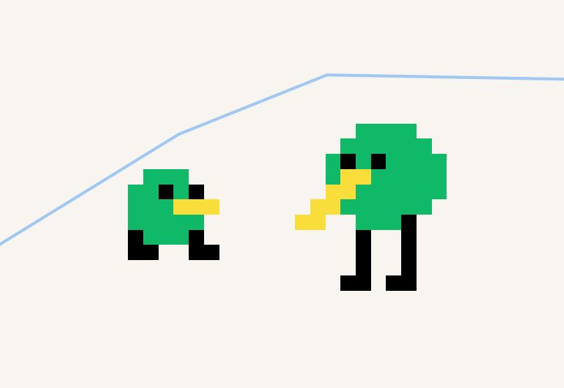 two pixelated kiwi birds 