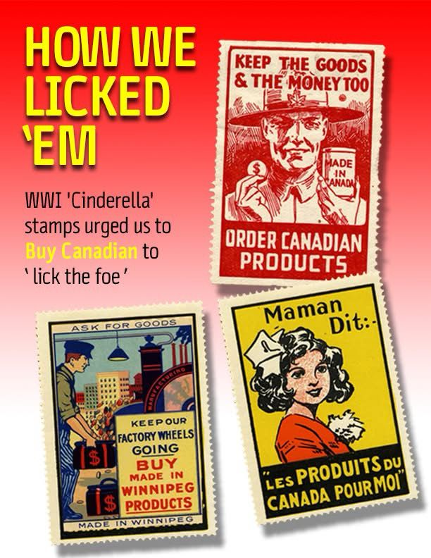 Poster showing three posters from World War One that encourage Canadians to “lick the foe.”