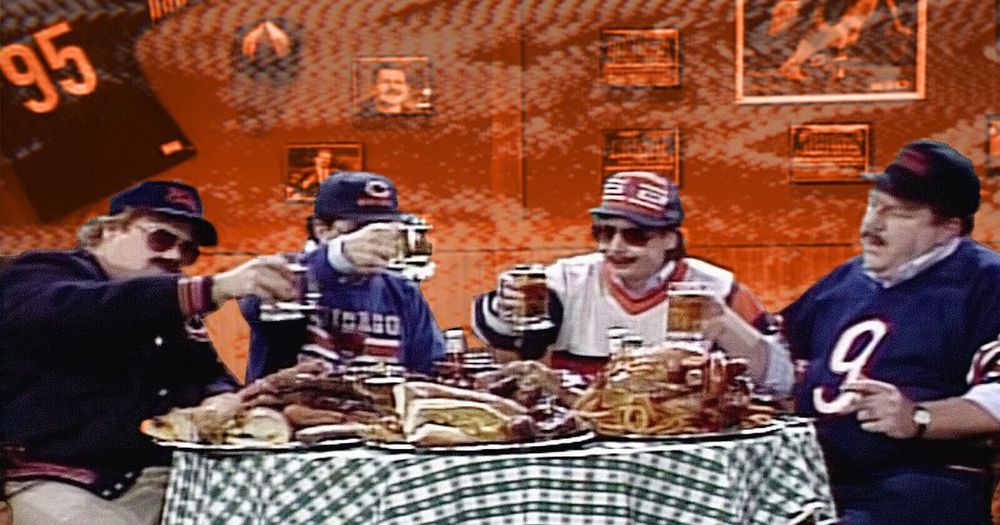 Chris Farley, Robert Smigeland, Mike Meyers, George Wendt as the Chicago Bears and Bulls "Superfans" from the classic SNL scetch. 