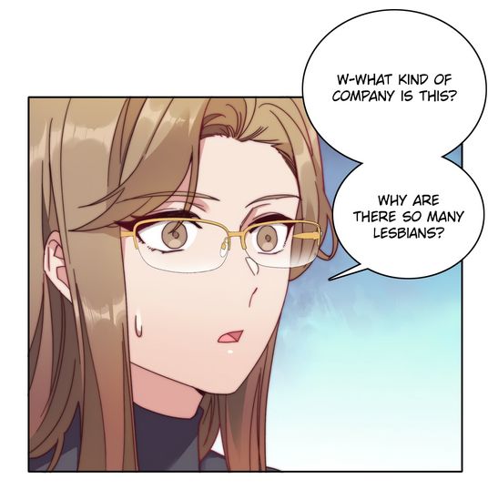 closeup panel of a woman going "w-what kind of company is this?" "Why are there so many lesbians?"