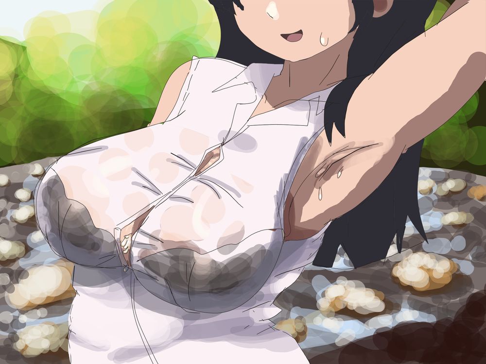 a close-up of a woman with a wet almost see-through white shirt that can't contain her breasts, sweat dripping down from her exposed armpit and cum from between her breasts where a button gap exposes them